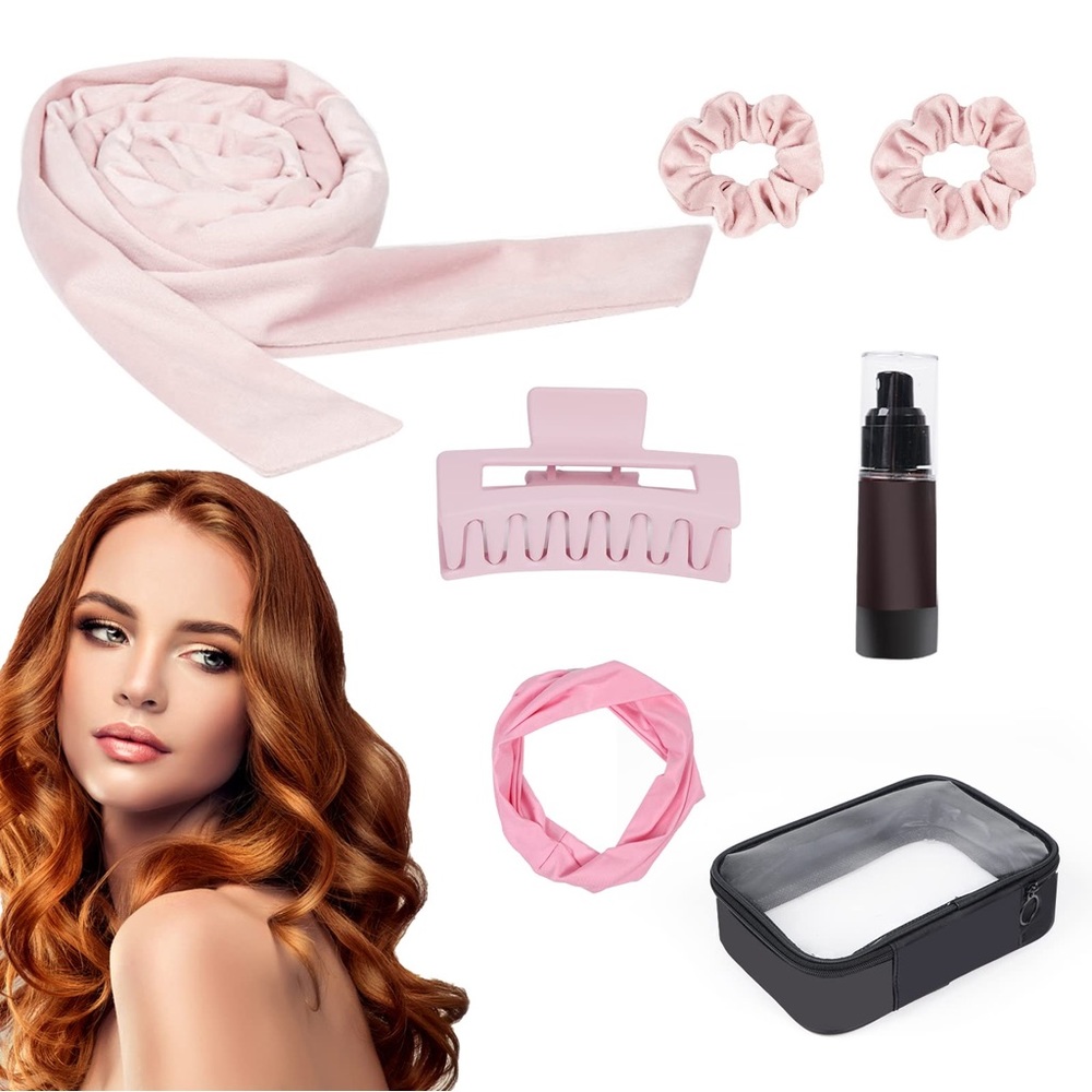 NWT 7 Pc Satin Heatless Curling Rod Headband Kit Pink